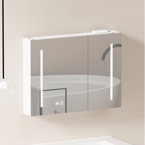 Armario con espejo LED de pared, 80 cm, con espacio de almacenaje, MDF y vidrio, blanco (1/5)