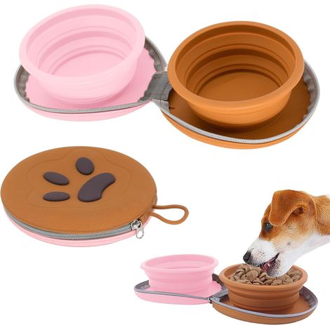 Faltbarer Hundenapf, 2er-Set für 1 Haustier, tragbarer Doppelnapf für Reisen, Camping und Spaziergänge, 740 ml, Braun-Orange + Rosa (1/5)