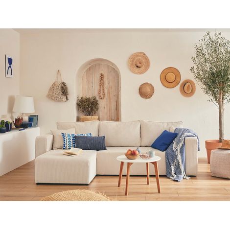 Bestmobilier – Canapé d'angle réversible 4 places convertible – Coffre de rangement – Velours côtelé beige – Dimensions L245xH85xP140 cm