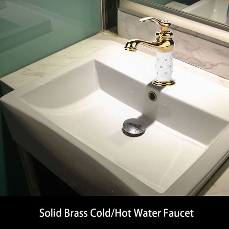 Robinet mélangeur en laiton massif pour eau chaude/froide avec ornements pour lavabo (doré) (1/5)