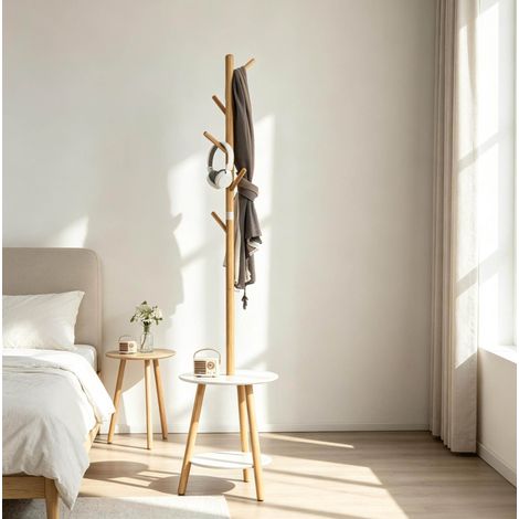 Appendiabiti da terra con ripiani rotondi, 5 ganci, bambù, MDF e alluminio, naturale/bianco (1/5)
