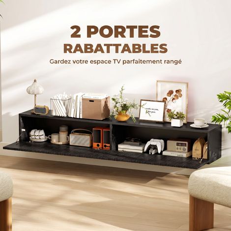 Meuble TV suspendu 140cm, meuble télé pour téléviseur 72 pouces, 2 portes rabattables, 140x25x22cm, noir (1/5)