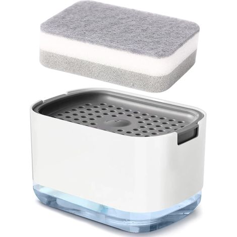 Distributeur de savon 2 en 1, pompe avec porte-éponge, distributeur de détergent rechargeable (blanc) (1/5)