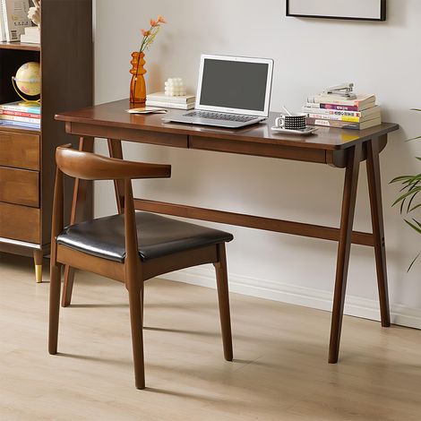 Bureau d'ordinateur avec tiroirs, bureau d'écriture en bois massif, bureau du milieu du siècle, table d'étude en chêne, petit bureau pour chambre à coucher, 74 x 100 x 55 cm, noyer (1/5)