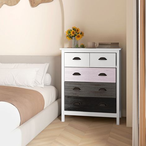 Credenza, cassettiera, 5 cassetti, superficie laccata, MDF e legno di pino, 70 x 38 x 85 cm, bianco