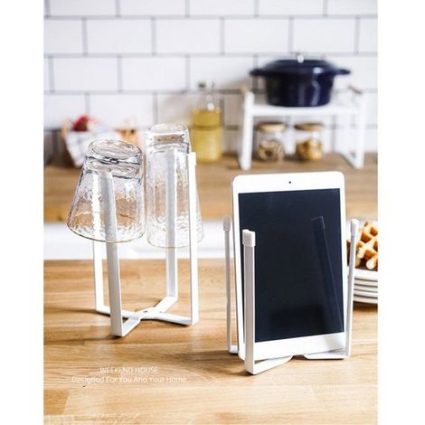 1 pièce - Support de cuisine - égouttoir pliable en fer forgé, range-tasses et assiettes, couvercle pour casseroles - Blanc (1/5)