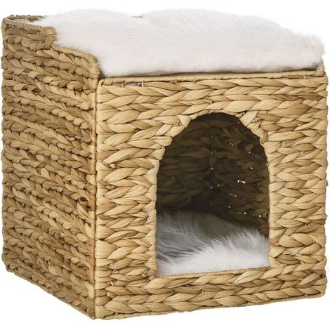 Niche pour chat 2 niveaux en jacinthe d'eau avec coussins confortables 37,5 x 37,5 x 41,5 cm couleur marron crème (1/5)