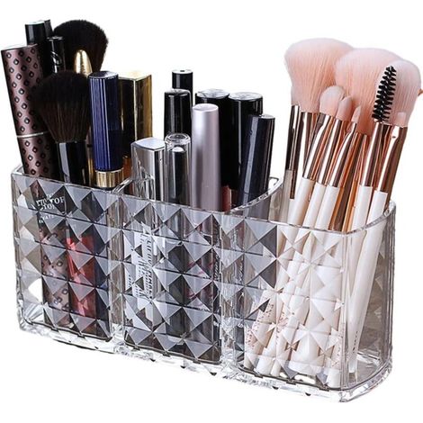 Organisateur de cosmétiques transparent à 3 compartiments, porte-pinceaux et rangement maquillage effet cristal (1/5)