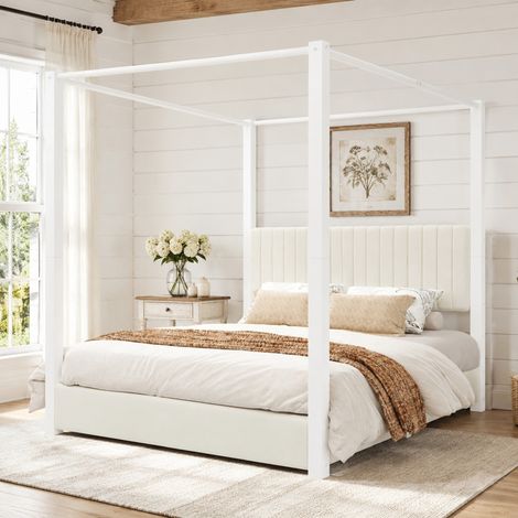 Letto a baldacchino imbottito 180x200 cm, struttura in metallo, MDF, velluto beige e bianco, OKWISH (1/5)
