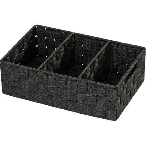 Organizador de baño Adria con asas, caja de almacenamiento con 3 compartimentos, plástico tejido, polipropileno, dimensiones: 32 x 10 x 21 cm, color: negro. (1/5)