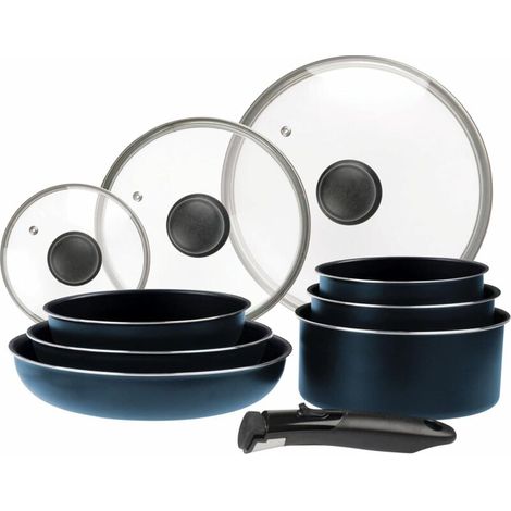 Set di pentole da 10 pezzi, alluminio blu opaco: manico removibile, 3 padelle (diametro 20, 24, 28 cm), 3 casseruole (diametro 16, 18, 20 cm), 3 coperchi in vetro (diametro 16, 20, 24 cm), adatto a tu (1/4)