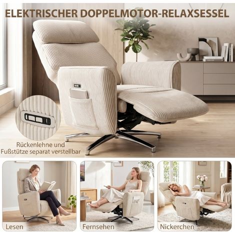 Fauteuil relax électrique avec fonction allongée, double moteur, rotation 360°, avec ports USB et rangement latéral (1/5)