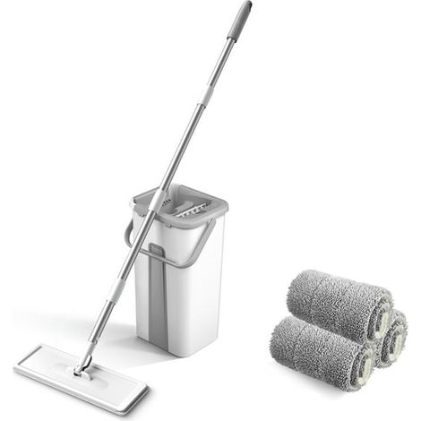 Balai microfibre avec seau, nettoyage de sol sans les mains, franges lavables et réutilisables, racleur intégré, sols durs et parquet, vadrouille sèche ou humide, lot de rechanges doux. (1/5)