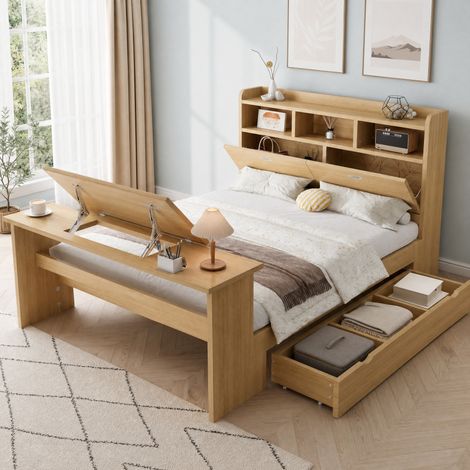 Cama juvenil con almacenaje (264x147.5x120 cm), escritorio plegable, cajón flexible, madera natural (1/5)