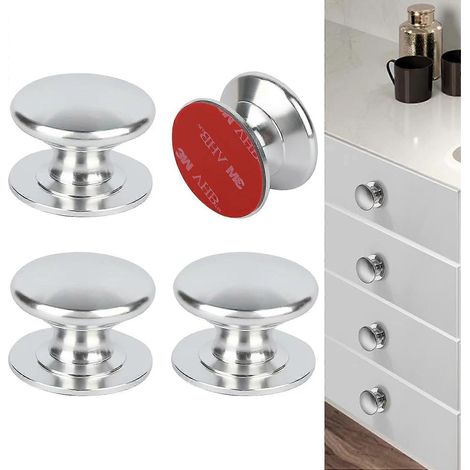 Lot de 4 boutons de tiroir autocollants en aluminium, sans perçage, couleur argent. (1/5)