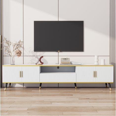 Meuble TV 200x40x46 avec rangement blanc marbre OKMYHOME (1/5)