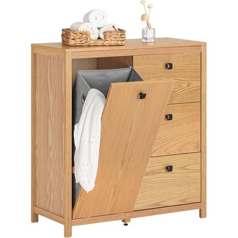 SoBuy BZR97-N Wäscheschrank mit ausklappbarem Wäschesäcken Wäschesack Wäschetruhe Wäschekorb Badezimmerschrank Badschrank Badmöbel Badkommode Natur BHT ca. 80x90x35cm (1/5)