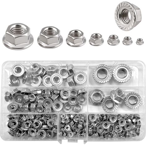Lot de 195 écrous hexagonaux à bride dentelée en acier inoxydable assortis pour boulons/vis, écrous pour meubles, bois, métal, automobile, fixations mécaniques (M3/4/5/6/8/10/12) (1/5)