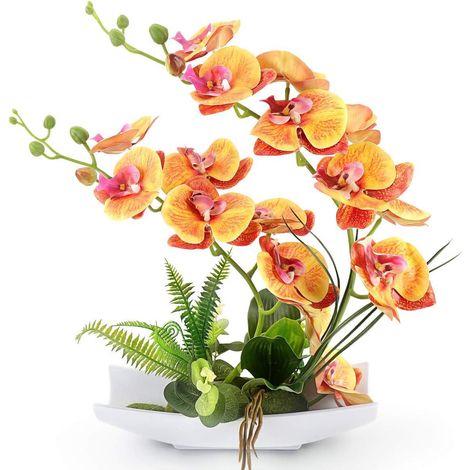 Orchidée artificielle réaliste orange, bonsaï fleurs décoratives avec pots imitation porcelaine, phalaenopsis faux plantes pour décoration intérieure, composition florale maison (1/5)