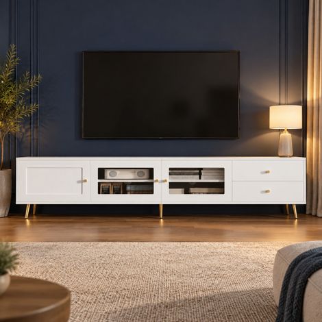 TV-Lowboard weiß 170 × 40 × 28 cm mit 2 Schubladen, 2 Glastüren, 1 Tür und verstellbaren Böden (1/5)