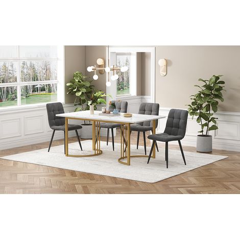Ensemble salle à manger 5 pièces, table 140x80 cm pieds métal doré, plateau MDF blanc, 4 chaises velours gris anthracite, set de cuisine moderne