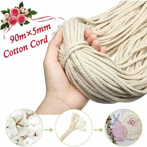 Cordon macramé, 5 mm x 90 m, 8 brins, cordon en coton naturel pour tisser des plantes suspendues, décoration bricolage, beige (1/5)