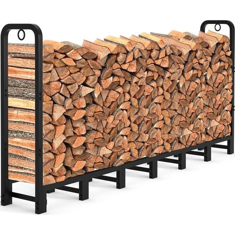 Range-bûches extérieur et intérieur en métal 2,4 m Support bois de chauffage robuste 300 kg Stable avec 14 pieds et 2 anneaux de sécurité Noir (1/5)