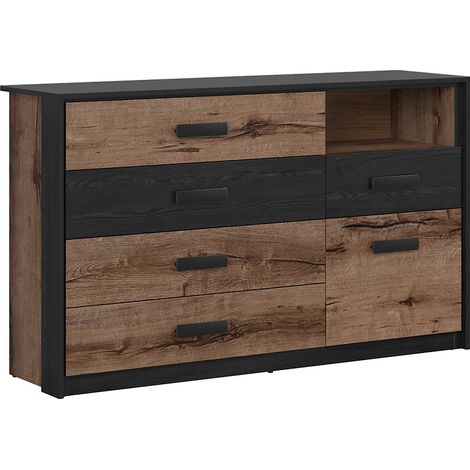 Commode Buffet avec 1 porte et 5 tiroirs coloris Chêne marron foncé/Chêne noir - Longueur 150 x Profondeur 41 x Hauteur 90 cm (1/4)