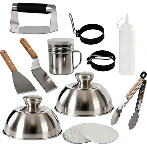 11PCS Kit Barbecue,INOX Ustensiles Barbecue avec Presse à Hamburger,Pince,Spatules,Cloches et 2 Anneaux à œufs,Accessoire Barbecue pour Gril Teppanyaki et Camping,Intérieur et Extérieur Smash Burger (1/5)