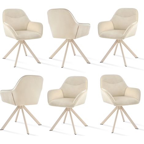 Goeurvant Chaise pivotante à 360° avec assise moelleuse, dossier courbé et accoudoirs ergonomiques, confort élégant pour toutes les pièces - Lot de 6 - Crème, pieds blancs - Velours