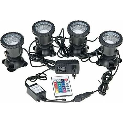 Spots sous-marins étanches multicolores RVB pour aquarium avec télécommande pour bassin de jardin, aquarium, piscine, prise britannique (lot de 4 lumières) (1/5)