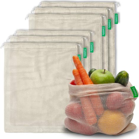Set mit 6 wiederverwendbaren (waschbaren) Obst- und Gemüsebeuteln Bio-Baumwollnetz Verstärkte Nähte und Tara-Gewichtsetikett (30 x 20 cm) (1/4)