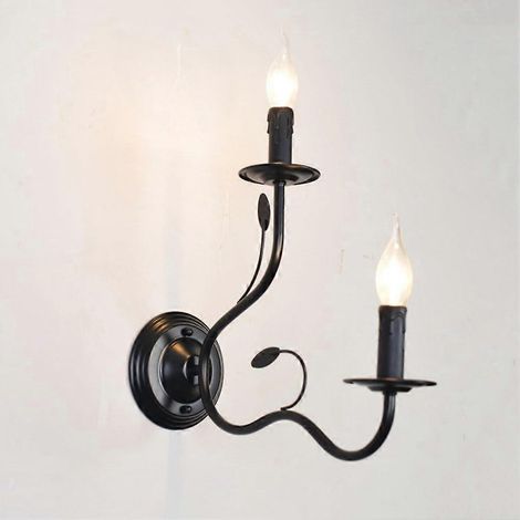 Applique murale vintage d'intérieur à 2 flammes, style rétro industriel, abat-jour en verre noir, forme bougie, structure en métal, puissance maximale 40 W, chambre (1/5)