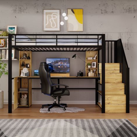 Cama alta metálica, 90 x 200 cm, estructura de hierro, escritorio práctico, compartimentos de almacenamiento, armario, escalera de almacenamiento y puerto de carga USB en la mesa, colchón no incluido. (1/3)