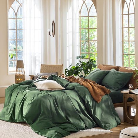 Housse de Couette Coton 220x240 Vert Foncé Parure de Lit Doux Respirant 2 Personne avec Fermeture Éclair et Taies d'oreiller 65x65 cm (1/5)