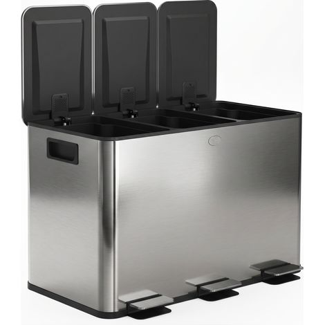 Poubelle de cuisine, poubelle tri sélectif, 3 compartiments de 20L, seaux intérieurs amovibles, 61,9x36,6x56,7cm, argent (1/4)