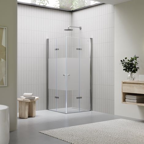 Mampara de Ducha Emma 85x75x180cm -NO REVERSIBLE- Puerta plegable, Ajuste 83,5-85,5x73,5-75,5cm - Perfiles Cromados, Cristal parcial satinado 6mm
