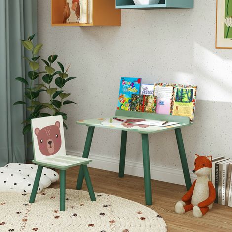 Kindertisch- und Stuhlset mit Ablagefach, Schreibtisch und Stuhl aus MDF und Kiefernholz, für Kinderzimmer, Spielzimmer, Schlafzimmer, Grün