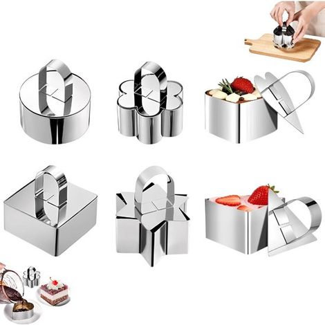 Lot de 6 cercles à pâtisserie en acier inoxydable - Moules à desserts - Moules à mousses - Pour la cuisson de gâteaux, mousses et desserts - 6 moules - avec poignée - 8 x 4 cm Argenté (1/5)