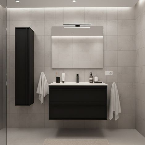 Mobile Bagno Sospeso 100 cm con Lavabo in Ceramica e 2 Cassetti Nero Satinato – Urban