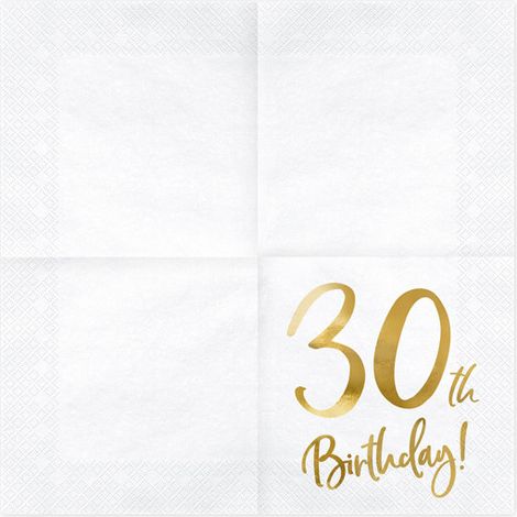 Serviettes PartyDeco blanches pour 30e anniversaire, 33 x 33 cm, paquet de 20 pièces (1/5)