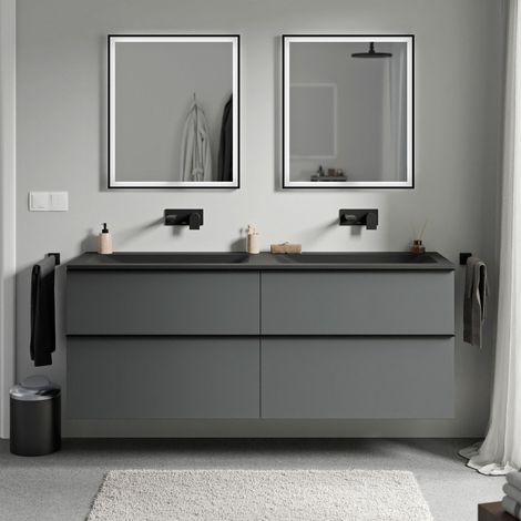 BERNSTEIN - Mobile lavabo sospeso MDF antracite opaco, lavabo Ghisa nero opaco senza foro rubinetto, maniglia cromata - 160x46x62cm - LAVOA	Antracite opaco, cromo, Nero opaco senza foro per rubinetto