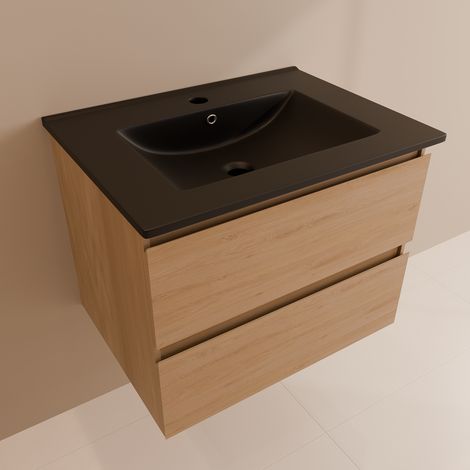 LOMAZOO Meuble de Salle de Bain 60cm - Chêne Clair - Vasque Noire