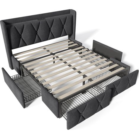Cama tapizada 160x200 cm con 4 cajones, USB y enchufes, gris MODENUIT (1/5)