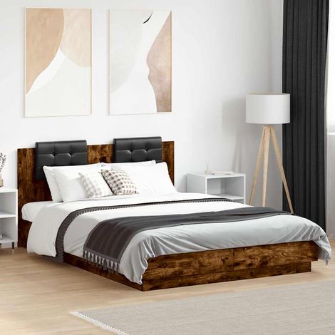 vidaXL Estructura de cama cabecero luces LED roble ahumado 120x200 cm (1/5)