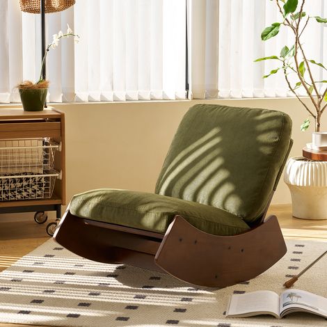 Sillón mecedora glider de tela acanalada verde con estructura de madera maciza,90 x 61,5 x 71,9 cm (1/5)