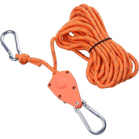 Système de poulie réglable acier inoxydable pour corde tente 4m, mousqueton orange, fixation sécurisée antidérapante camping auvent sac à dos (1/5)