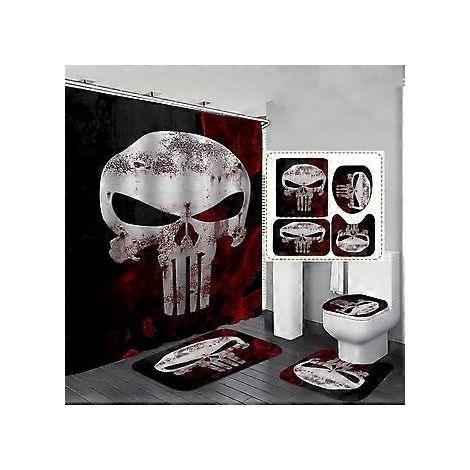 Halloween-Duschvorhang-Set mit Skelettmotiv, universelles Halloween-Badezimmer-Deko-Set 180 x 180 cm – Duschvorhang mit Matte, WC-Deckelbezug, Badewanne