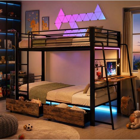 tagenbett 140x200 cm Metallrahmen, Hochbett mit Schreibtisch & 2 Schubladen, Musik-Sync LED-Leiste, Steckdose, Gitter & Leiter, Belastbarkeit 250kg, Schwarz (1/5)