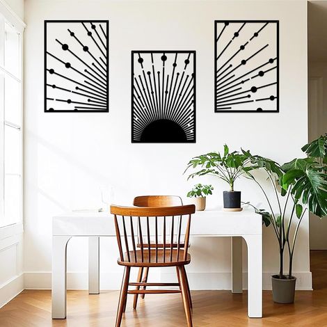Lot de 3 décorations murales minimalistes en métal bohème – Grande sculpture géométrique abstraite pour décoration d'intérieur et d'extérieur moderne (40 x 28 cm) – Motif soleil noir nautique (1/5)